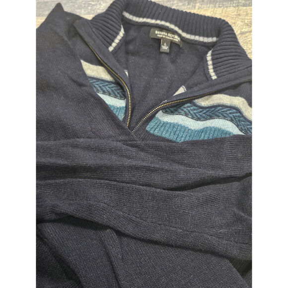 Banana republic Merino wool quarter zip pullover Mens sweater large blue stripe - Picture 6 of 7
